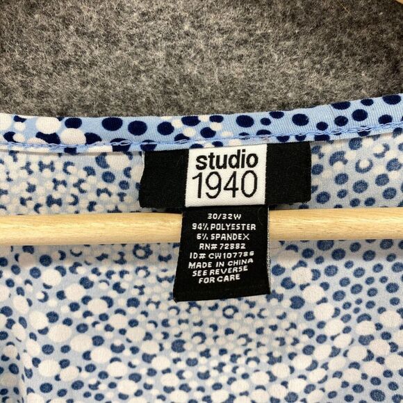 Studio 1940 Blouse Women 30/32W Plus Blue Geometric V-Neck Long Sleeve Button - Picture 5 of 8